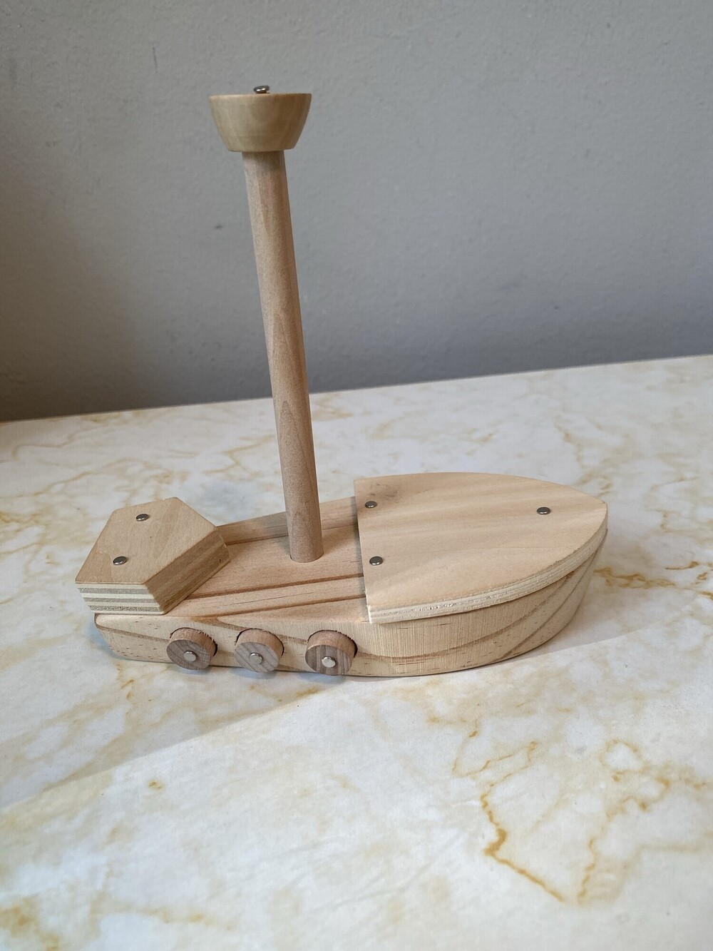 Handmade Wooden Model Boat with Mast and Opening Deck Panel